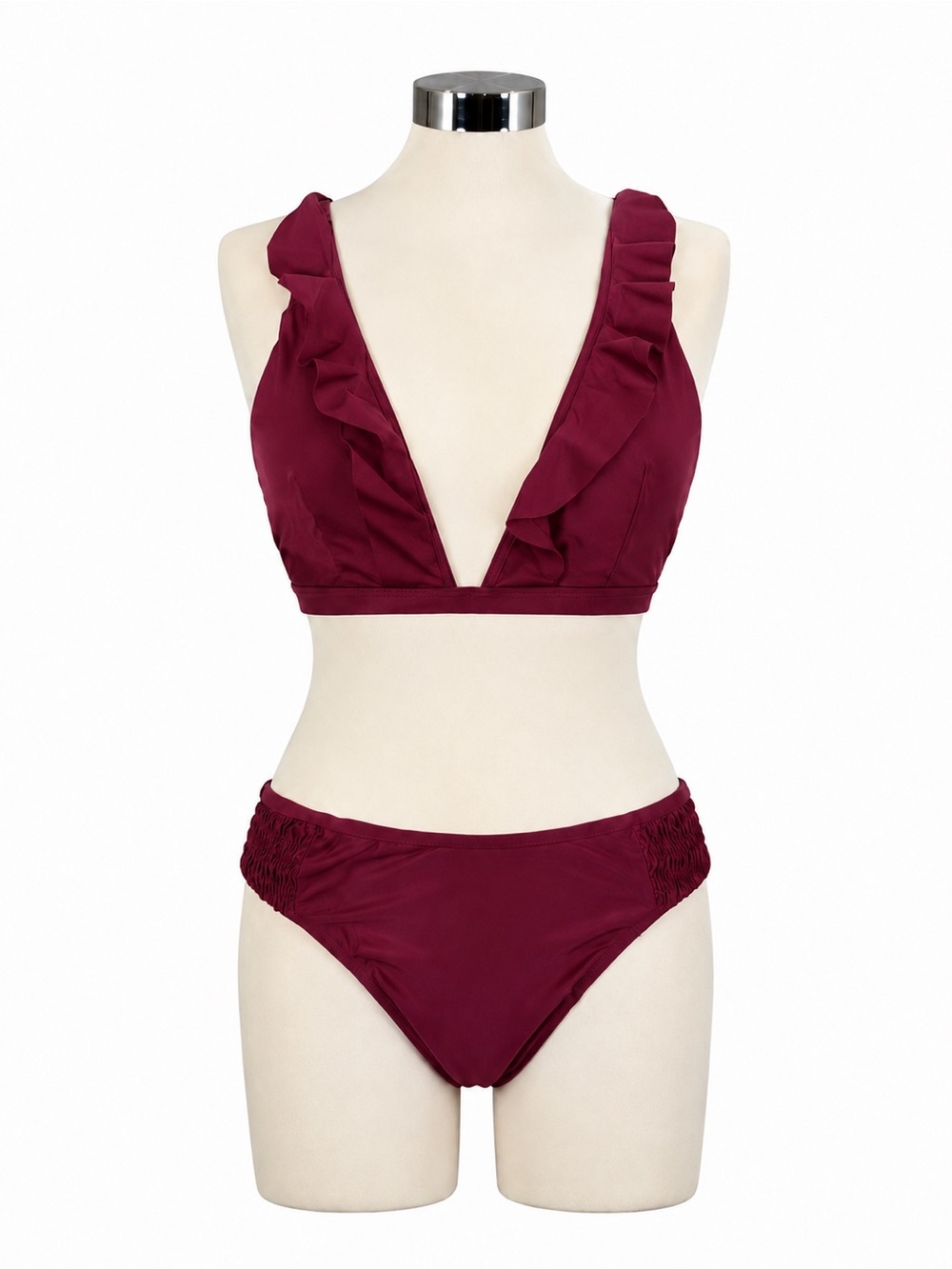NWOT Women's Ruffle Deep V Bikini Set in Burgundy
